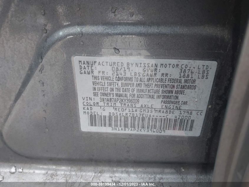 2019 NISSAN SENTRA S/SV/SR/SL - 3N1AB7AP2KY396009