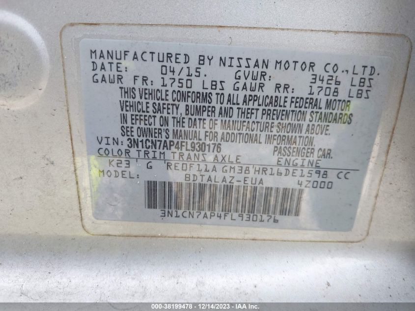 2015 NISSAN VERSA 1.6 S+ - 3N1CN7AP4FL930176