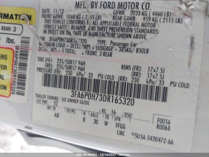 2013 FORD FUSION SE - 3FA6P0H73DR165320