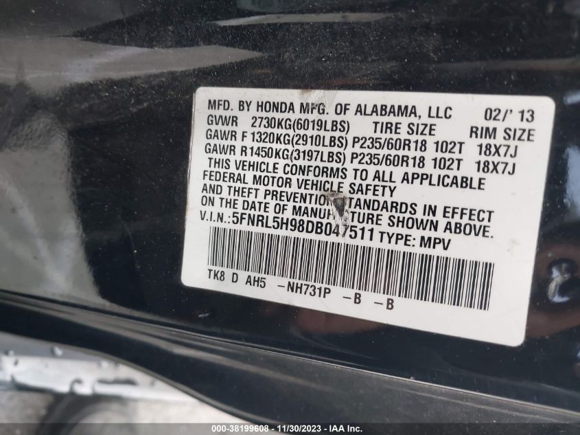 2013 HONDA ODYSSEY TOURING/TOURING ELITE - 5FNRL5H98DB047511