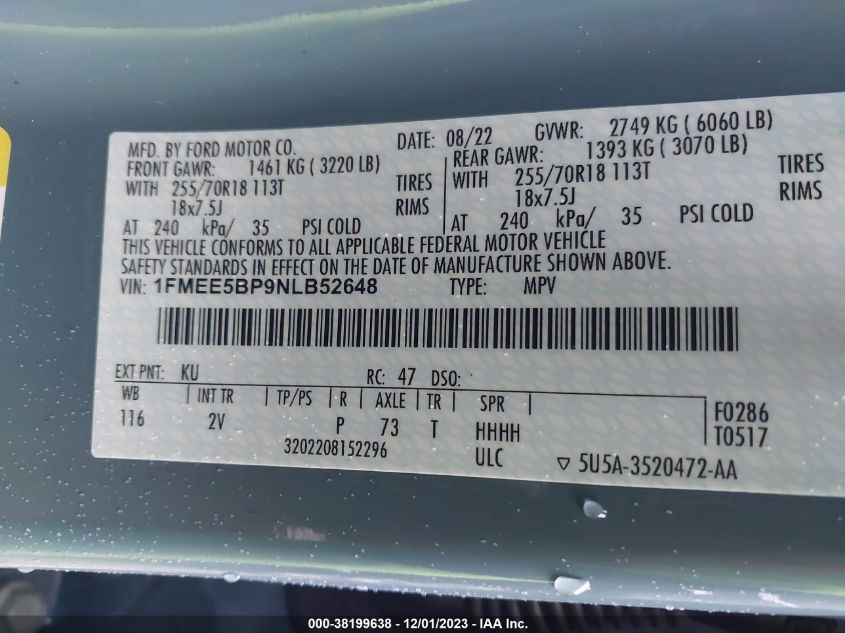 2022 FORD BRONCO BIG BEND/BLACK DIAMOND/OU - 1FMEE5BP9NLB52648