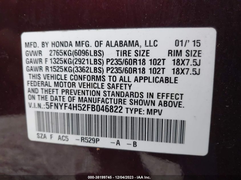 2015 HONDA PILOT EXL - 5FNYF4H52FB046822