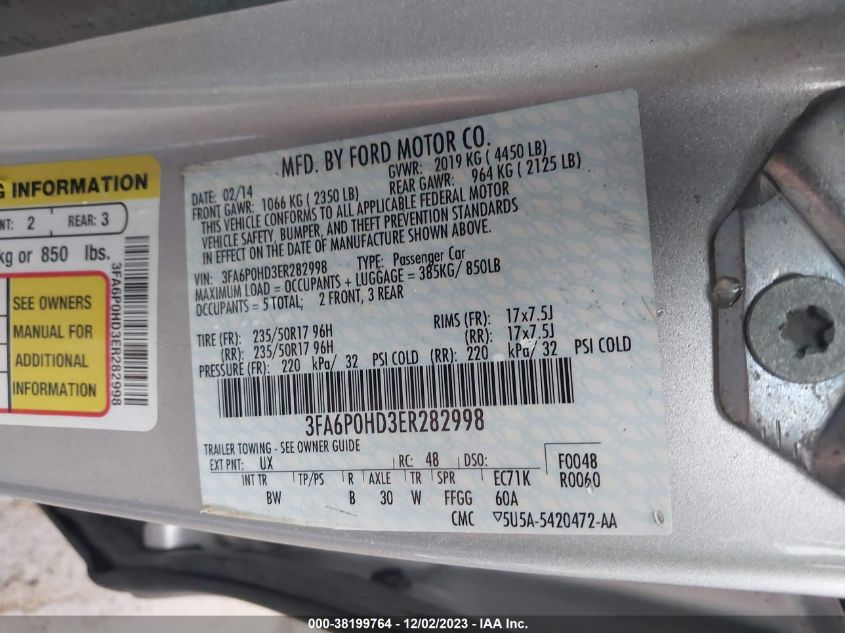 2014 FORD FUSION SE - 3FA6P0HD3ER282998