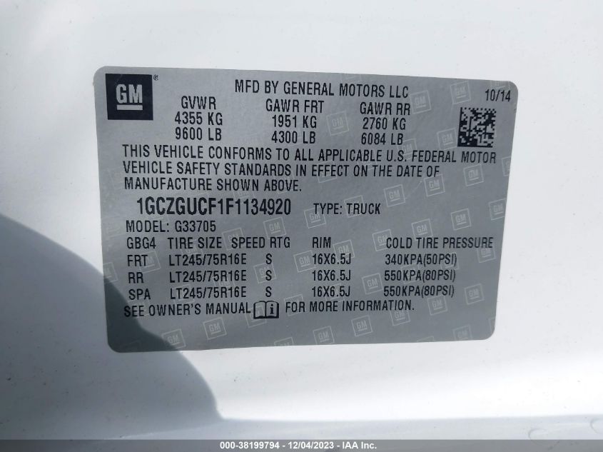 2015 CHEVROLET EXPRESS 3500 WORK VAN 1GCZGUCF1F1134920