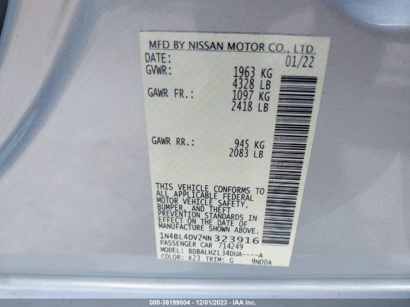 2022 NISSAN ALTIMA SV - 1N4BL4DV2NN323916