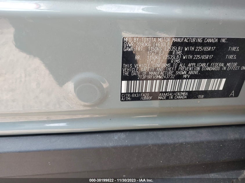 VIN 2T3P1RFV9MW243732 2021 TOYOTA RAV4 XLE