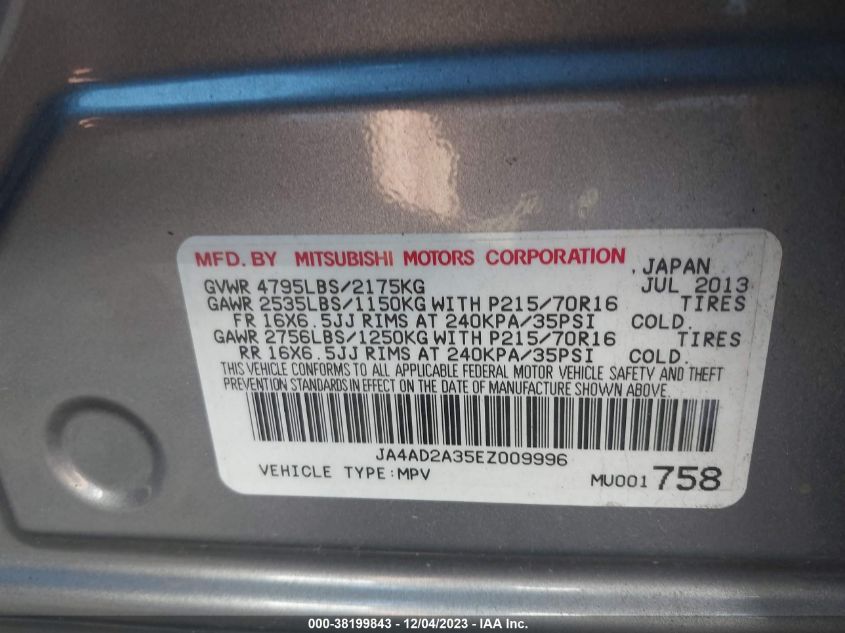 2014 MITSUBISHI OUTLANDER ES - JA4AD2A35EZ009996