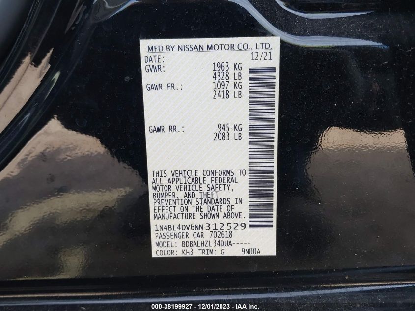 2022 NISSAN ALTIMA SV - 1N4BL4DV6NN312529