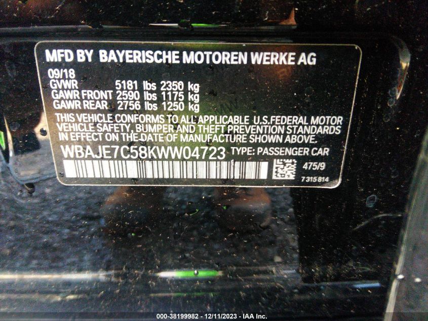 2019 BMW 540I XDRIVE - WBAJE7C58KWW04723