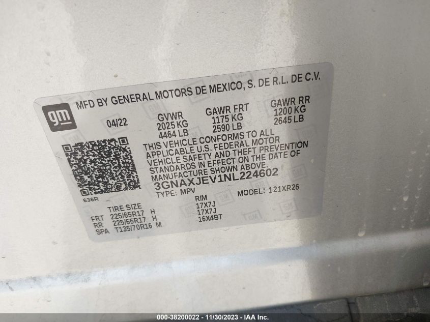 2022 CHEVROLET EQUINOX LT - 3GNAXJEV1NL224602
