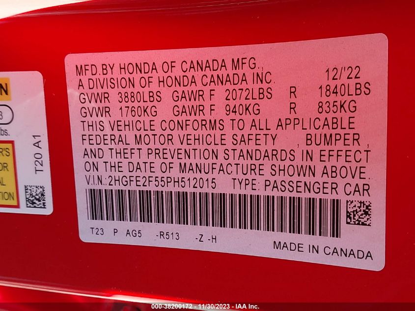 2023 HONDA CIVIC SPORT - 2HGFE2F55PH512015