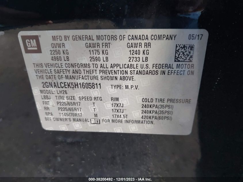 2017 CHEVROLET EQUINOX LT - 2GNALCEK5H1605811