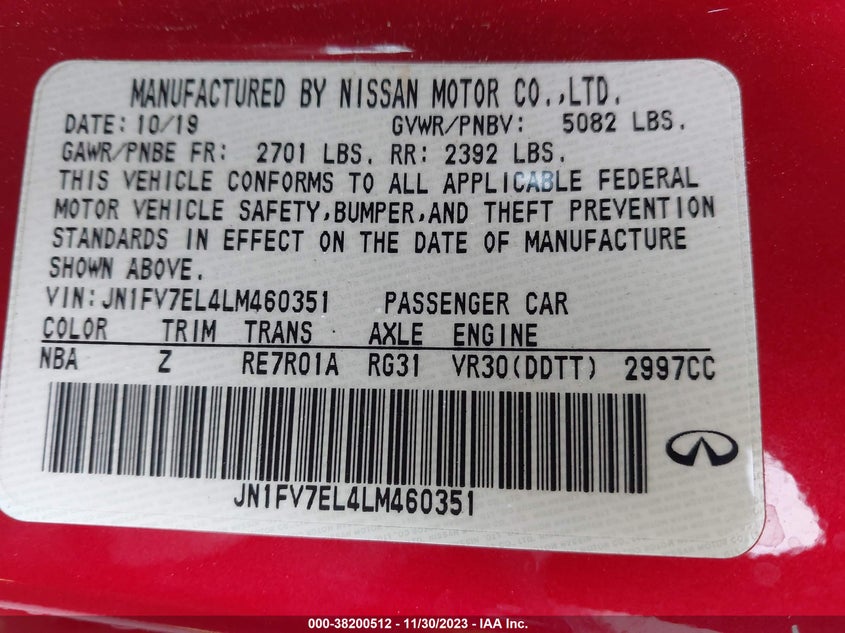 VIN JN1FV7EL4LM460351 2020 INFINITI Q60 RED SPORT 400