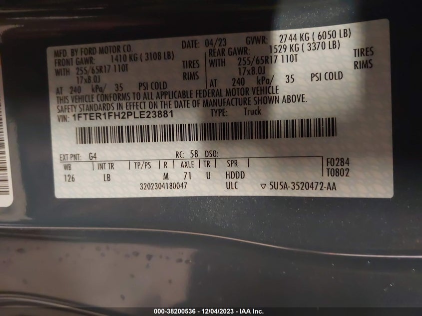 VIN 1FTER1FH2PLE23881 2023 FORD RANGER XL/XLT/LARIAT