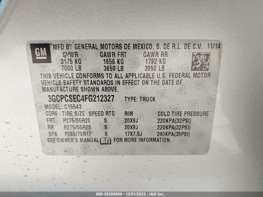 2015 CHEVROLET SILVERADO 1500 1LZ - 3GCPCSEC4FG212327