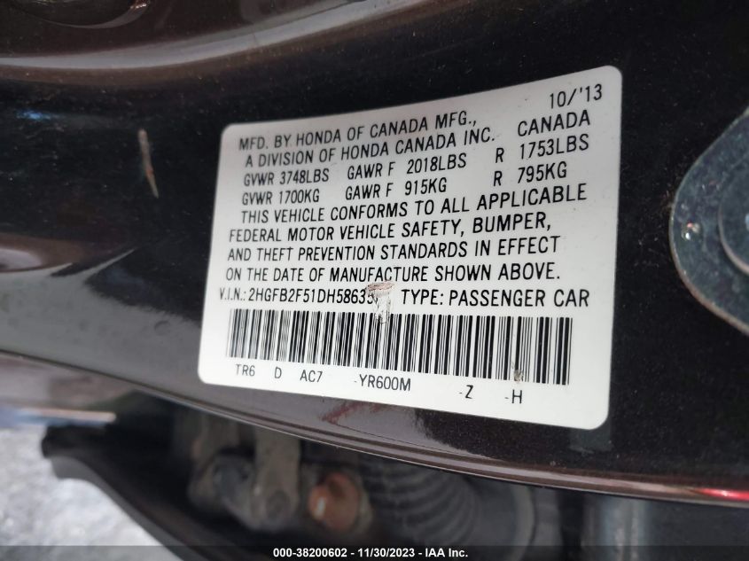 2013 HONDA CIVIC LX - 2HGFB2F51DH586357