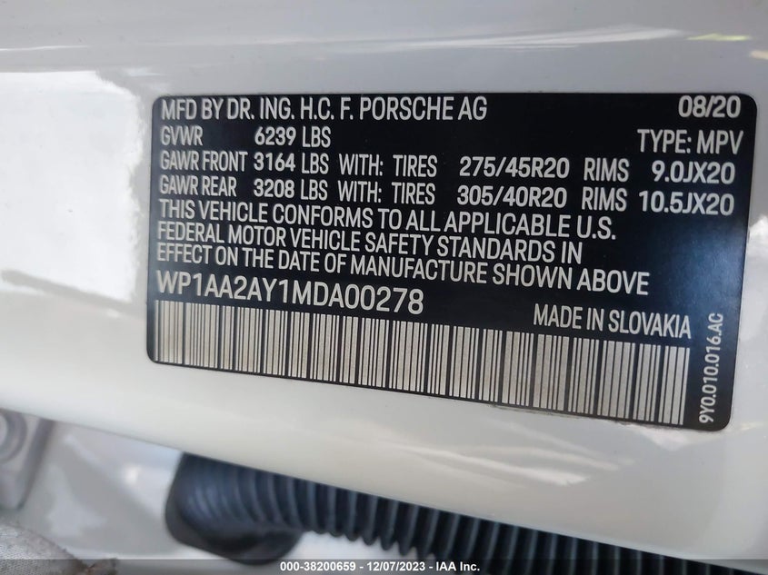 VIN WP1AA2AY1MDA00278 2021 PORSCHE CAYENNE