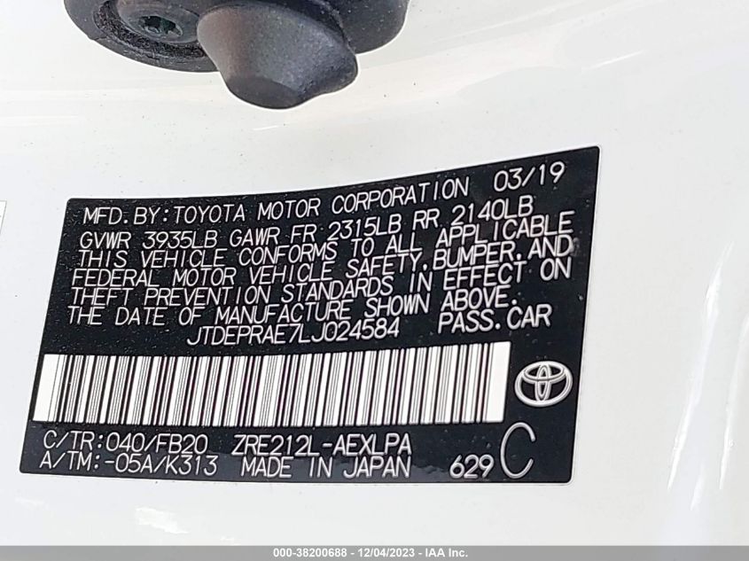 2020 TOYOTA COROLLA LE - JTDEPRAE7LJ024584