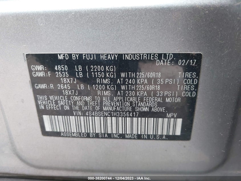 VIN 4S4BSENC1H3356417 2017 SUBARU OUTBACK 3.6R LIMITED