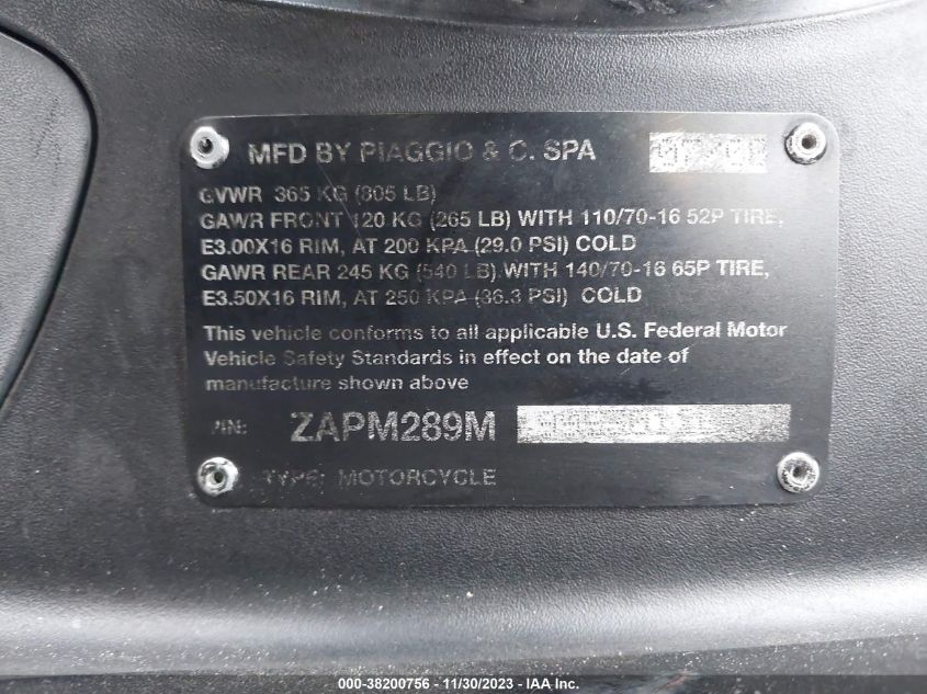 2009 PIAGGIO BV 250 ZAPM289M995301266