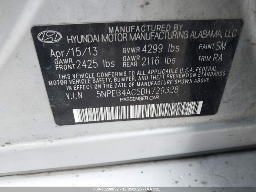 2013 HYUNDAI SONATA GLS - 5NPEB4AC5DH729328