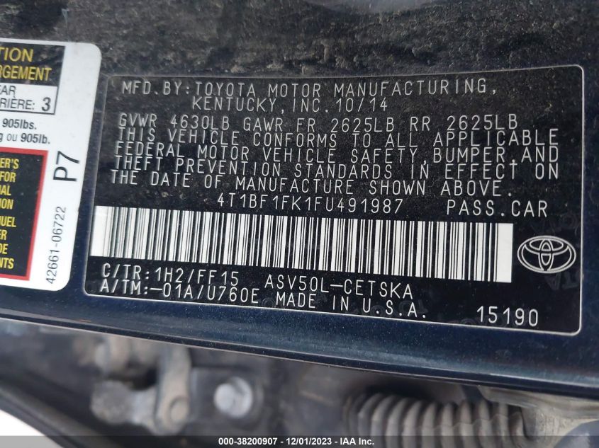 2015 TOYOTA CAMRY SE - 4T1BF1FK1FU491987