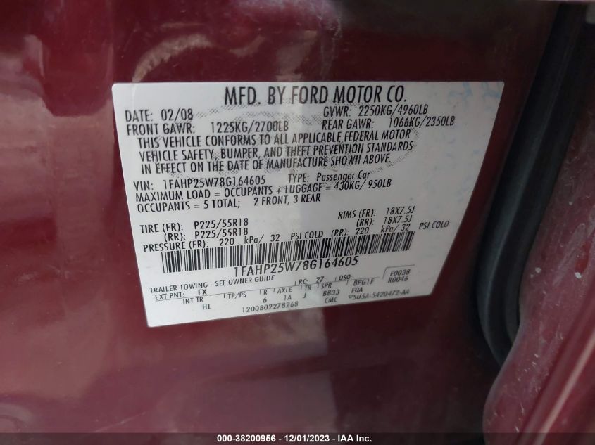 1FAHP25W78G164605 | 2008 FORD TAURUS