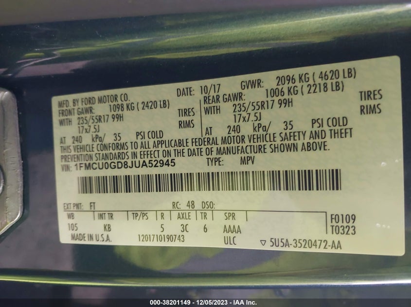 VIN 1FMCU0GD8JUA52945 2018 FORD ESCAPE SE