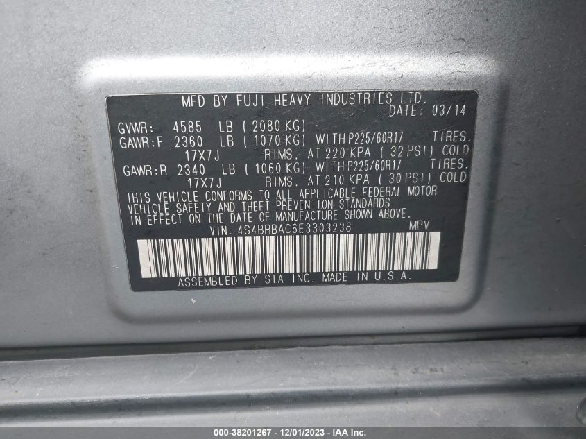 2014 SUBARU OUTBACK 2.5I - 4S4BRBAC6E3303238