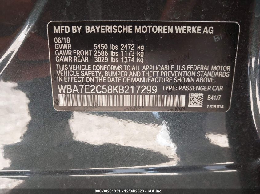 2019 BMW 740I WBA7E2C58KB217299