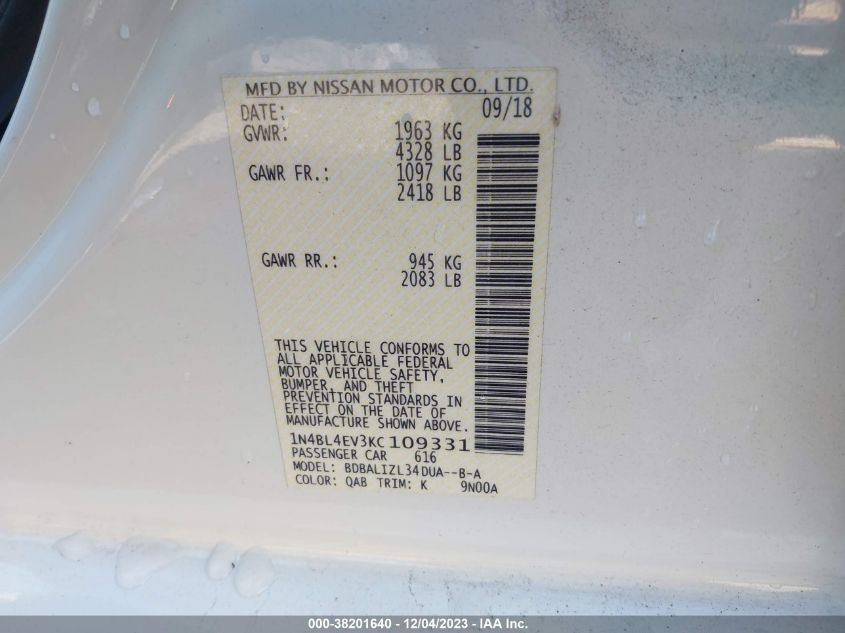 2019 NISSAN ALTIMA SL - 1N4BL4EV3KC109331