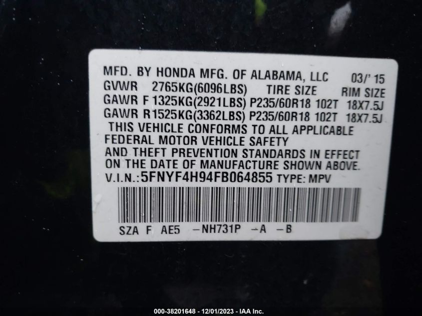 2015 HONDA PILOT TOURING - 5FNYF4H94FB064855