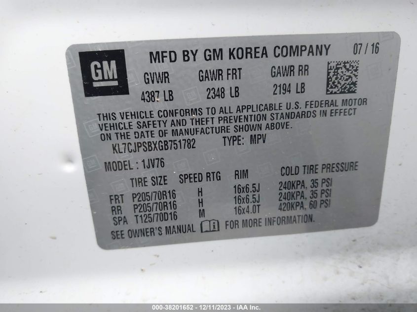 2016 CHEVROLET TRAX LT - KL7CJPSBXGB751782