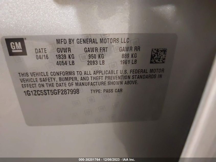 2016 CHEVROLET MALIBU 1FL - 1G1ZC5ST5GF287998