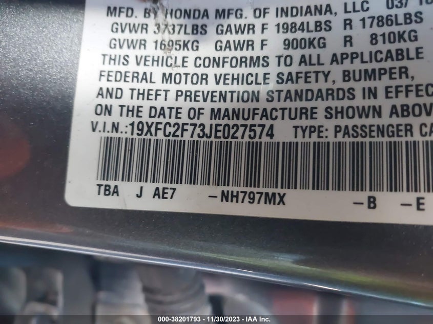 VIN 19XFC2F73JE027574 2018 HONDA CIVIC EX