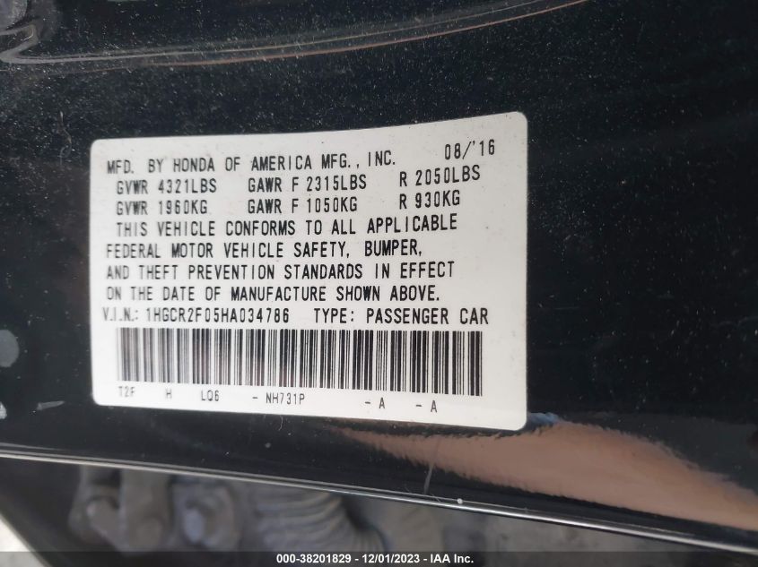 2017 HONDA ACCORD EX - 1HGCR2F05HA034786