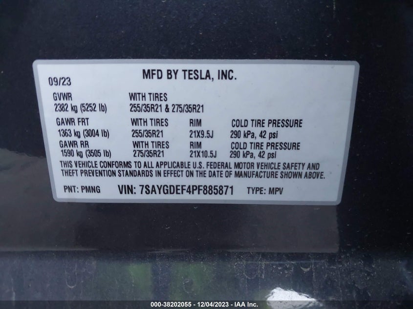 VIN 7SAYGDEF4PF885871 2023 TESLA MODEL Y