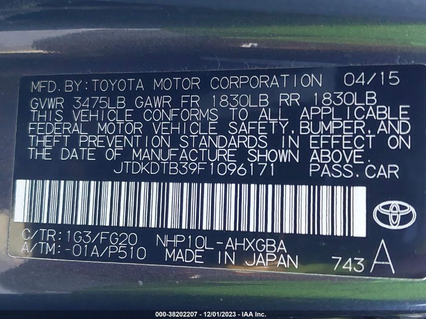2015 TOYOTA PRIUS C - JTDKDTB39F1096171