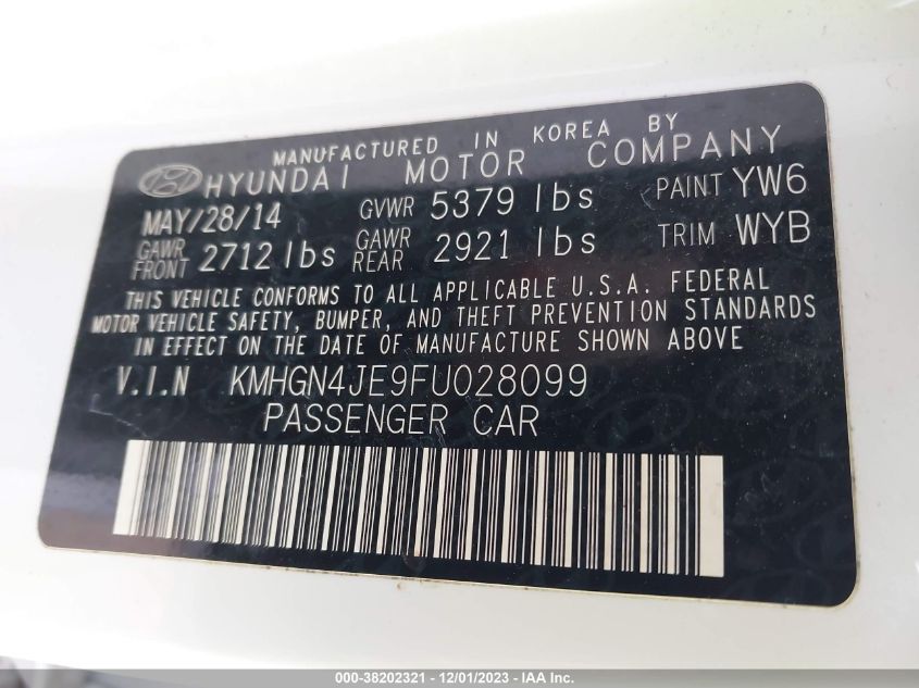 2015 HYUNDAI GENESIS 3.8L - KMHGN4JE9FU028099