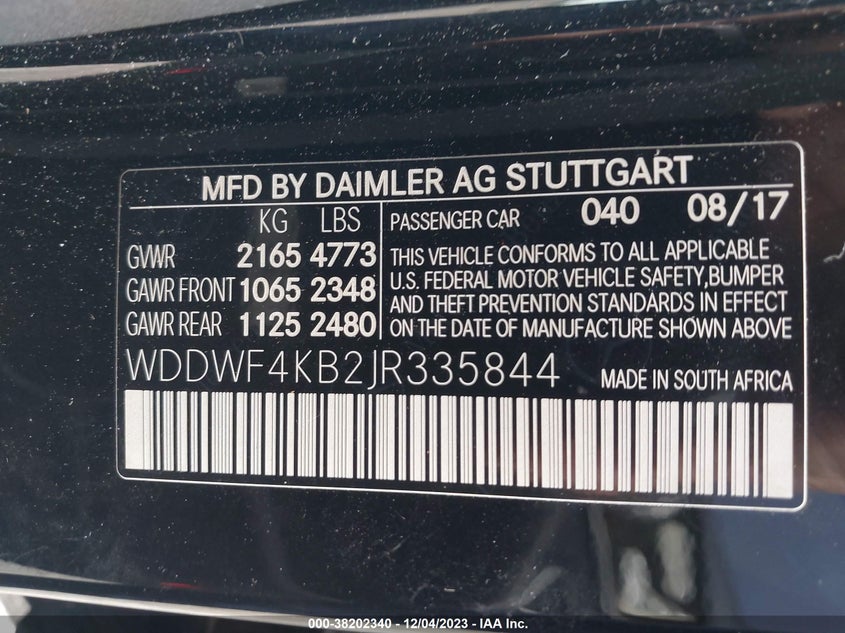 VIN WDDWF4KB2JR335844 2018 MERCEDES-BENZ C 300 4MATIC