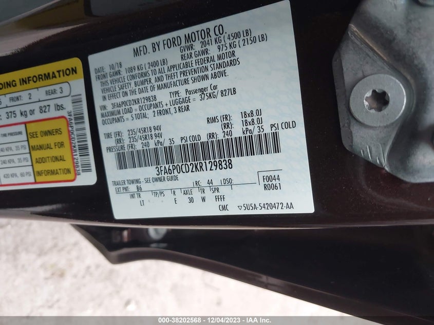 VIN 3FA6P0CD2KR129838 2019 FORD FUSION SEL