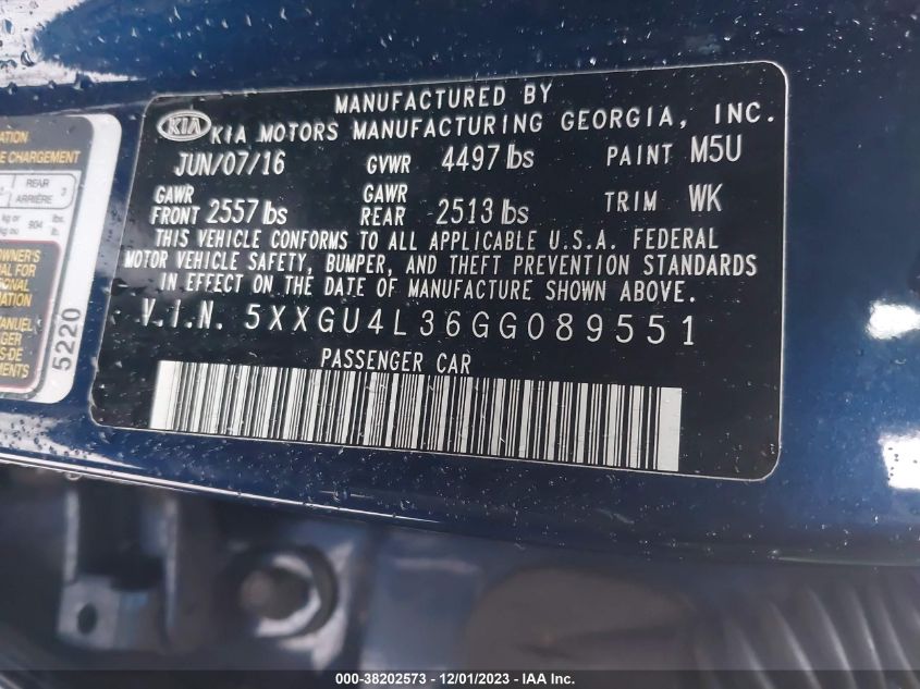 2016 KIA OPTIMA EX - 5XXGU4L36GG089551
