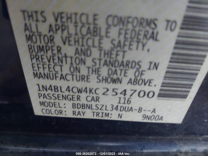 VIN 1N4BL4CW4KC254700 2019 NISSAN ALTIMA SR