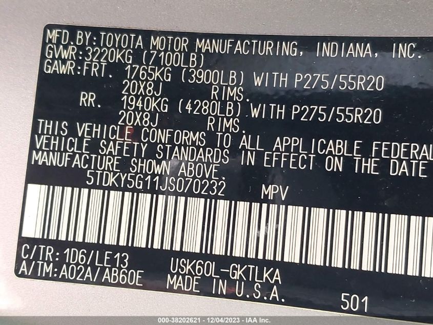 2018 TOYOTA SEQUOIA LIMITED - 5TDKY5G11JS070232