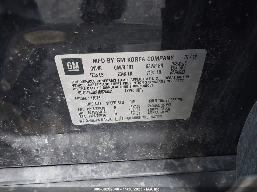VIN KL4CJBSBXJB625834 2018 BUICK ENCORE PREFERRED II
