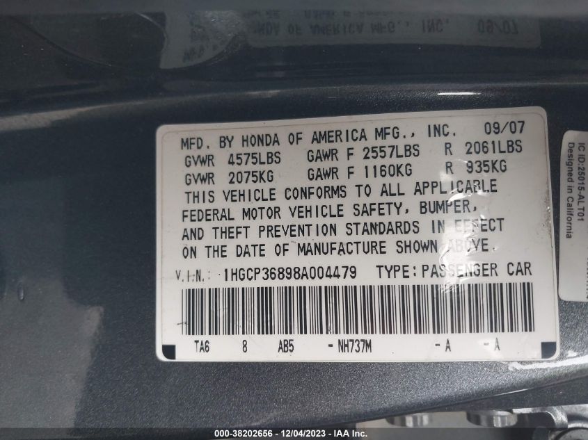 1HGCP36898A004479 | 2008 HONDA ACCORD