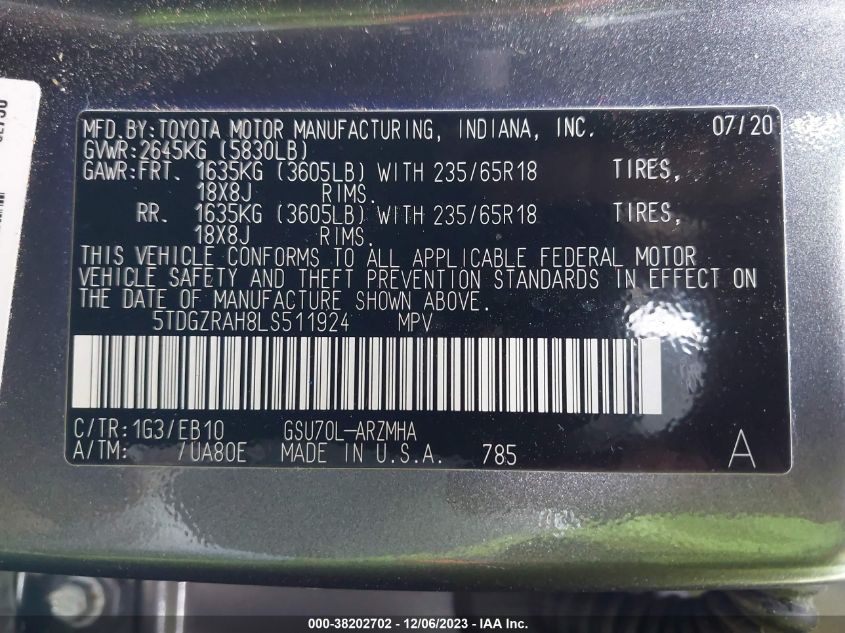2020 TOYOTA HIGHLANDER XLE - 5TDGZRAH8LS511924
