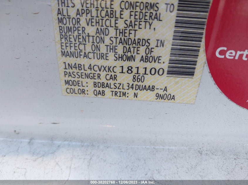 VIN 1N4BL4CVXKC181100 2019 NISSAN ALTIMA SR