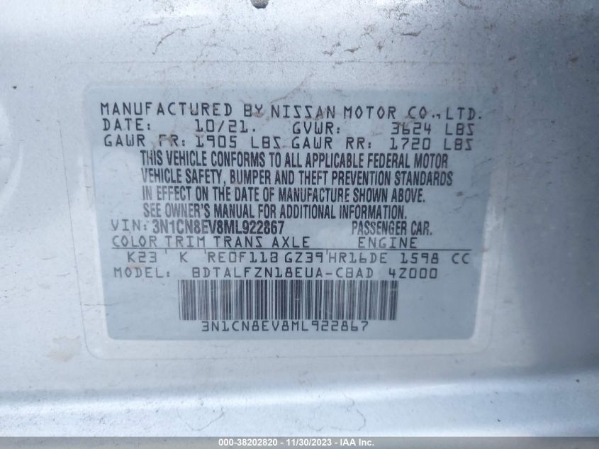 3N1CN8EV8ML922867 | 2021 NISSAN VERSA