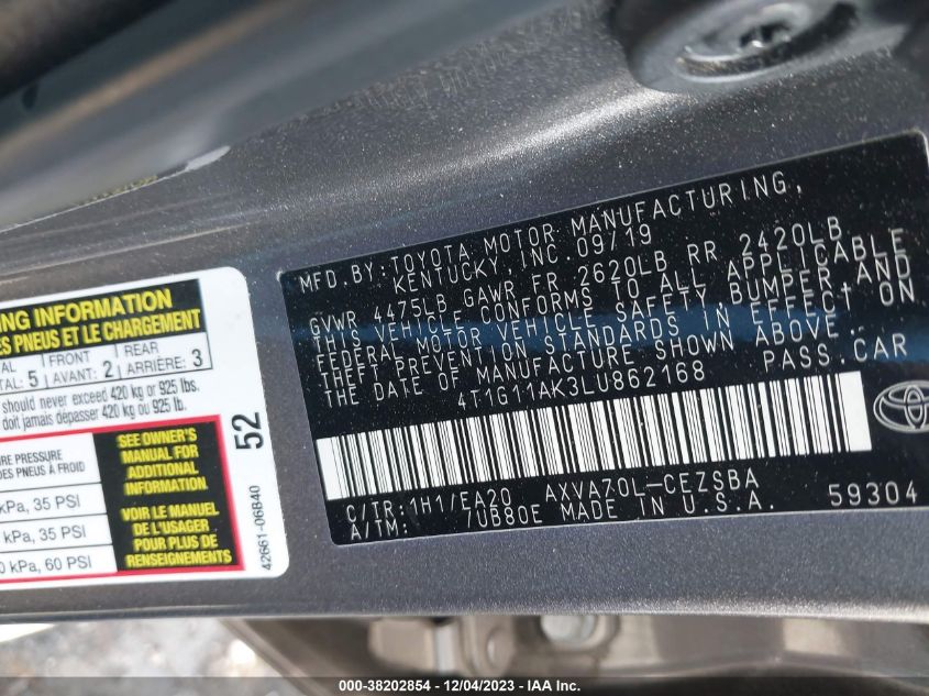2020 TOYOTA CAMRY SE - 4T1G11AK3LU862168